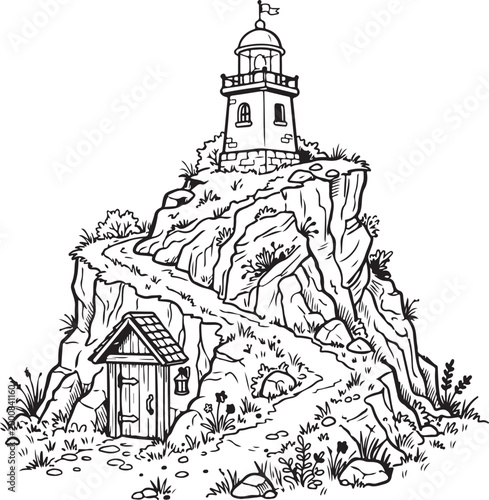 Black and white illustration of lighthouse on rocky cliffside with small wooden house