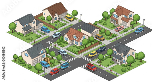 Suburban Neighborhood Street Scene with Houses and Cars.
