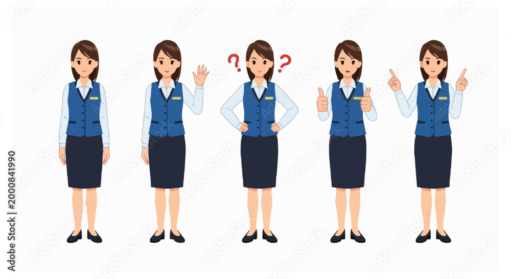 Obraz premium Five female characters in blue uniforms demonstrating various gestures including waving and pointing while standing on a plain white background.