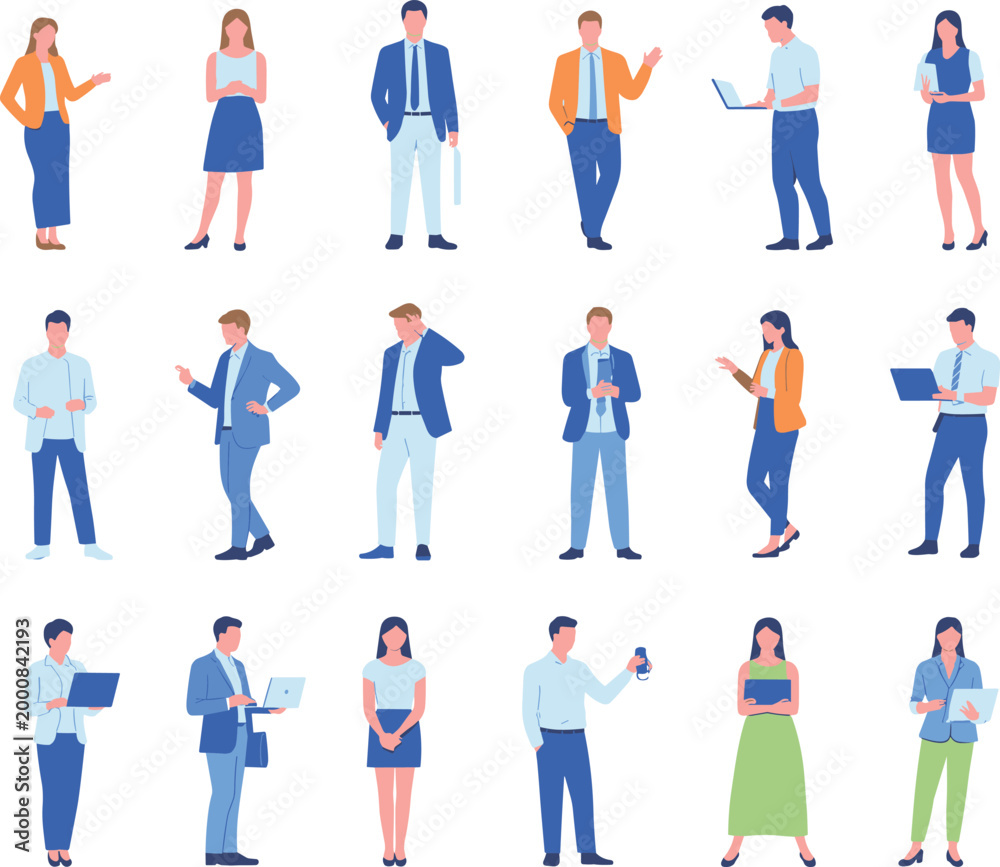 Obraz premium Large set of diverse business people silhouettes in flat vector style featuring professionals standing and working on laptops