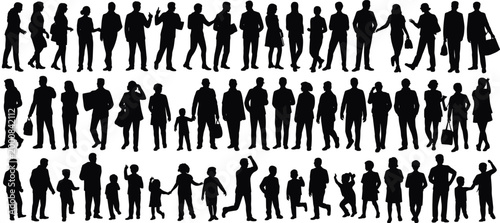 Large collection of people silhouettes featuring diverse men women and children in various standing and walking poses for architectural visualization