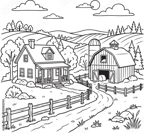 Black and white illustration of rural farm landscape with house and barn