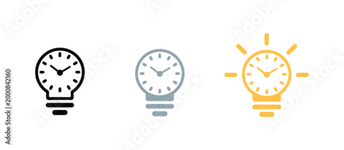 Light bulb with clock icon vector illustration set representing time, ideas, productivity, and creative thinking concept design.