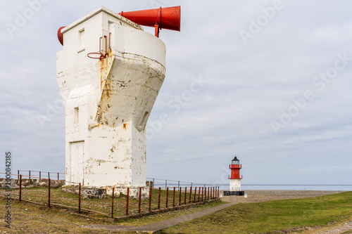 The Point of Ayre Foghorn with the Lighthouse in the background, Isle of Man