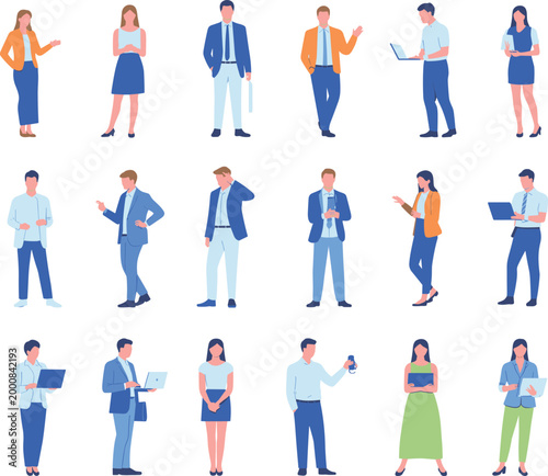 Large set of diverse business people silhouettes in flat vector style featuring professionals standing and working on laptops