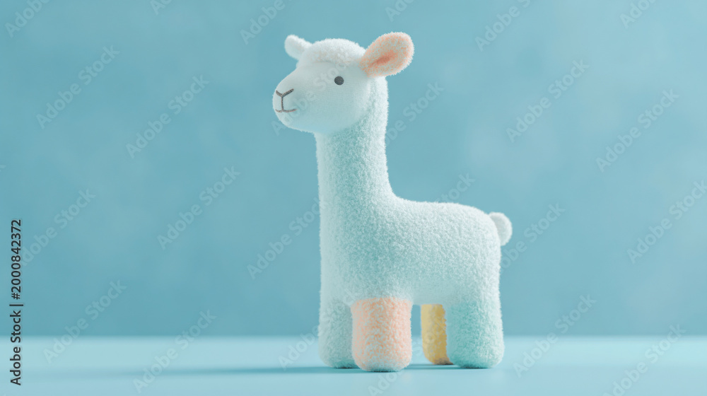 Fototapeta premium Small Blue and White Knitted Alpaca Toy Standing Centered Against a Solid Light Blue Background with Soft Studio Lighting and Clean Shadows