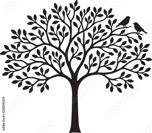 Black silhouette tree with leaves and birds sitting
