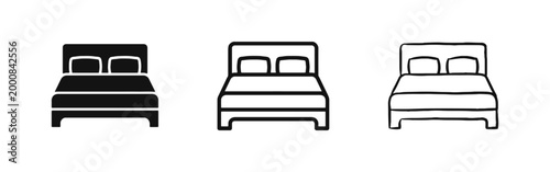Double Bed Bedroom Furniture Icon Set in Three Different Styles Solid Outline and Hand Drawn