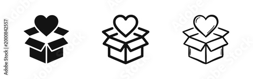 Heart in Open Box Icon Set for Charity Love and Donations in Three Different Styles