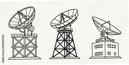 Three different industrial satellite dish antenna designs on towers with satellite communication broadcast transmission telecommunications technology wireless connectivity networking receiver