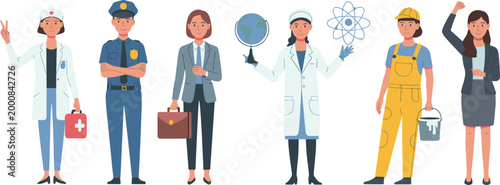Set of diverse female professional characters representing various career roles including doctor police officer scientist and business woman for empowerment and recruitmen