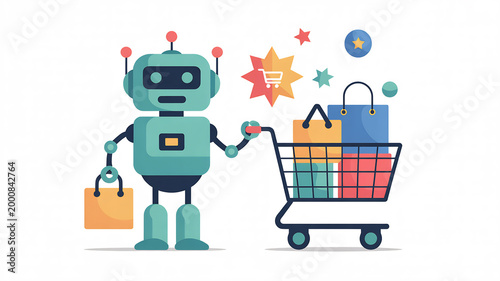 Robot holding shopping cart with colorful bags ecommerce retail vector illustration