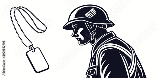 Obraz na płótnie Graphic illustration of a soldier in a helmet looking at an id dog tag with mili