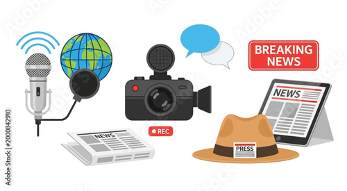Diverse collection of professional equipment used in journalism, news gathering, and media production, representing global communication and information flow