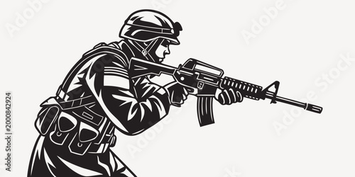 Foto Silhouette graphic of a soldier aiming a rifle in combat with ready to fire mili