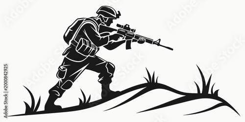 Bild auf Leinwand Silhouette illustration of a soldier crawling through grass in a field with mili