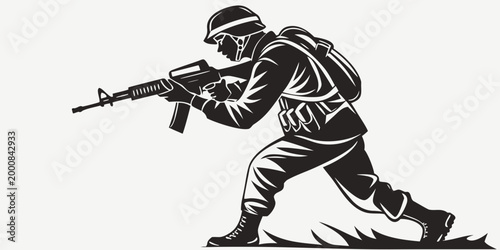 Foto Silhouette illustration of a soldier in combat gear holding a rifle with militar