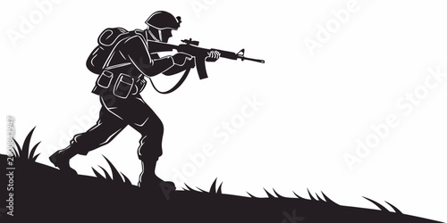 Tableau sur toile Soldier moving through grass with rifle in silhouette graphic style military inf