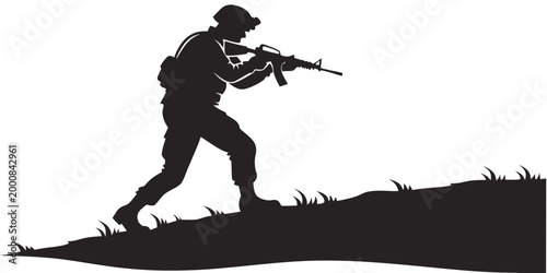 Photos Black silhouette of a soldier in field gear during a mission with military infan