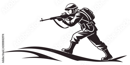 Photos Graphic illustration of a soldier walking through terrain while holding a rifle