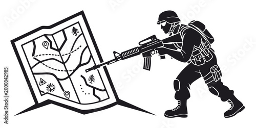 Photos Silhouette illustration of a soldier aiming a rifle at a tactical military map w