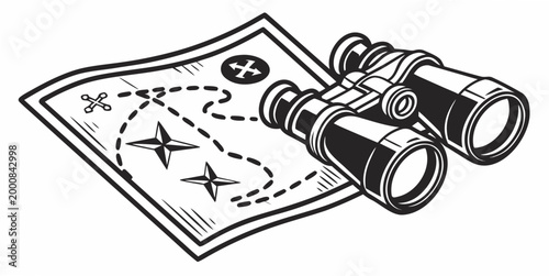 Cuadro en lienzo Black and white illustration of binoculars resting on a vintage treasure map wit