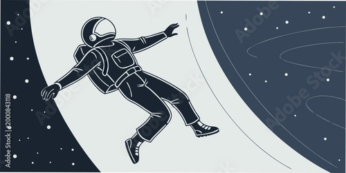 Astronaut floating near large planet ring orbit line art style illustration with zero gravity outer space science fiction astronaut floating cosmonaut universe spaceman minimalist astronomy