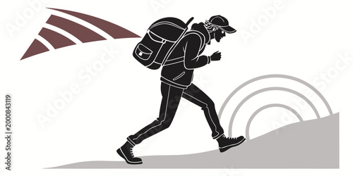 Backpacker hiking upward with large backpack and hat minimalist silhouette backpacker adventure backpack climbing vacation exploration trekking traveler silhouette minimalist illustration