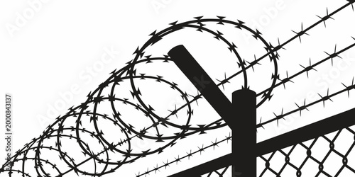 Black and white graphic of razor wire and chain link perimeter fence with chainlink security boundary protection perimeter military industrial defensive fortification restriction silhouette