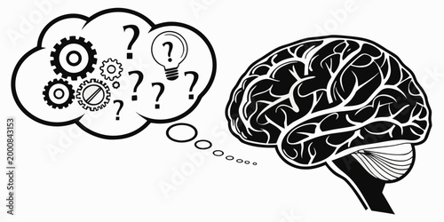 Human brain thinking about problems and solutions graphic with thinking question cognition knowledge intelligence illustration solution analysis reasoning creativity innovation brainstormin