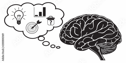 Human brain thinking about business analytics and goals with thinking business analytics cognition strategy planning intelligence illustration development innovation management minimalist