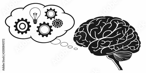 Human brain thinking about mechanical innovation and ideas with thinking innovation cognition knowledge intelligence illustration mechanics engineering technical reasoning creativity