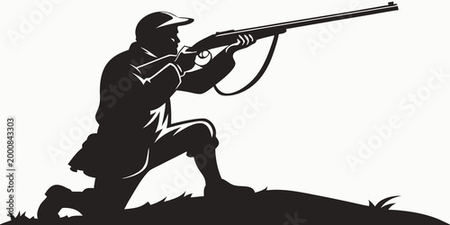 Silhouette illustration of a hunter kneeling and aiming a rifle with silhouette outdoors kneeling sportsman wildlife shooting outdoorsman activity recreation contrast illustration isolated