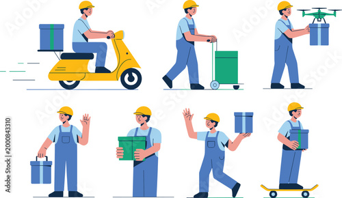 Set of modern delivery service workers in blue overalls and yellow hard hats shipping parcels using scooter drone and skateboard flat vector illustration
