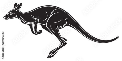 Black and white graphic of a leaping kangaroo with kangaroo silhouette wildlife australian marsupial bounding isolated movement creature wilderness australia symbolic stylized