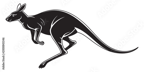 Dynamic black silhouette of a kangaroo jumping with kangaroo silhouette wildlife australian marsupial bounding isolated movement creature wilderness australia symbolic stylized