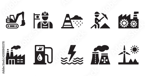 Construction and industrial site icons, heavy machinery equipment symbols, energy and infrastructure concepts