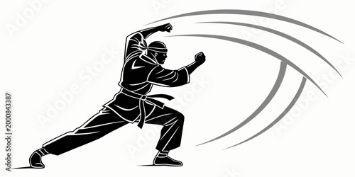 Black and white vector illustration of a ninja performing a powerful karate strike with motion lines martial arts self defense silhouette training exercise discipline movement japanese