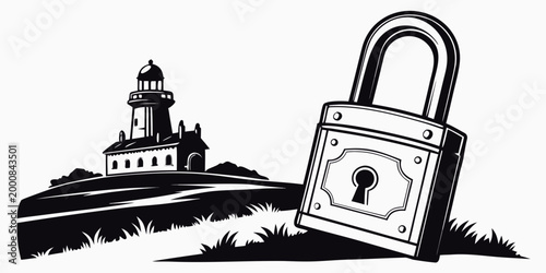 Black and white vector illustration of a sturdy padlock placed near a scenic lighthouse with lighthouse security protection illustration monochrome silhouette building architecture mysterious