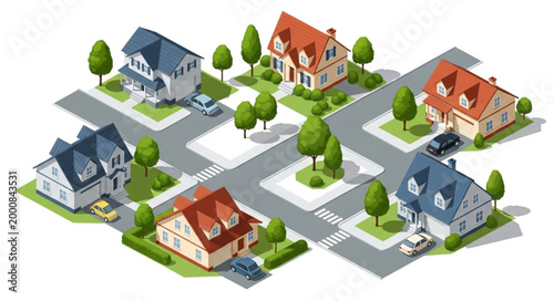 Fotografi Suburban Neighborhood Street View with Houses and Cars.