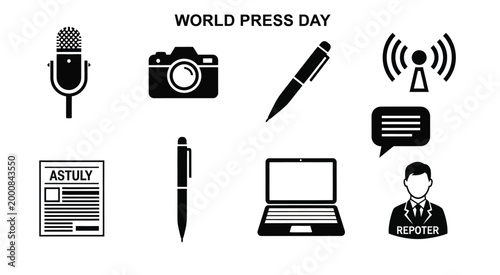 Set of Icons Representing World Press Day, Journalism, and Communication Tools