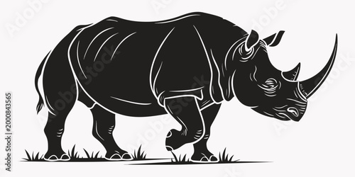 Graphic illustration of a rhinoceros walking in the grass with rhinoceros wildlife silhouette illustration creature endangered strength isolated minimalist stylized artistic monochrome