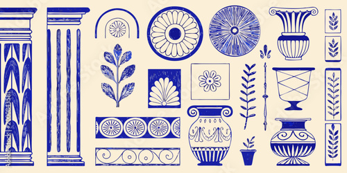 collection of ancient greek inspired decorative elements in blue line art high quality professional detailed