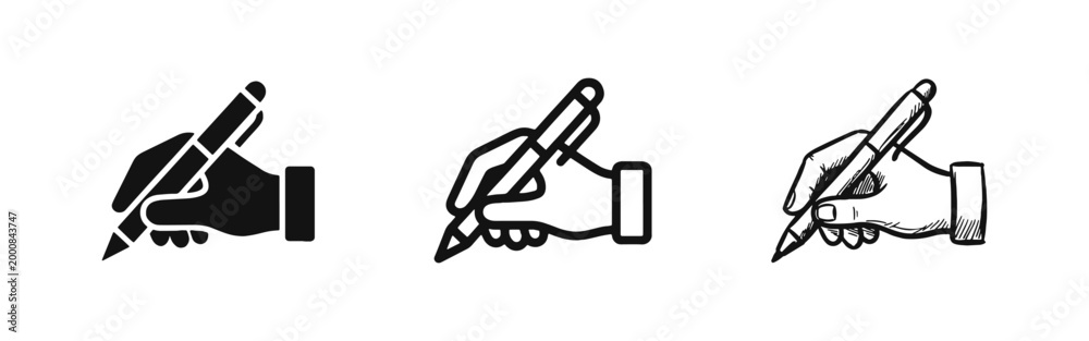 Obraz premium Hand Writing with Pen Signature Icon Set in Three Different Styles Solid Outline and Hand Drawn