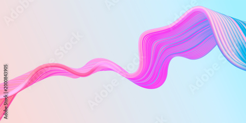 Iridescent fluid wave. 3D holographic glass ribbon with blue and pink gradient flow. Isolated wavy liquid blob with transparent metal texture for tech banners, bright motion backgrounds and 3d renders