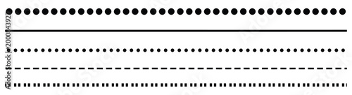 Various black dotted and dashed lines on a white background vector illustration, modern minimalist separator and path indicator set for web design, navigation guides and creative layout structuring 