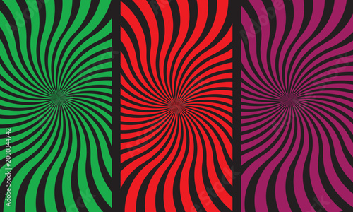 Hypnotic spiral patterns a vibrant trio of swirling colors and optical illusion artwork