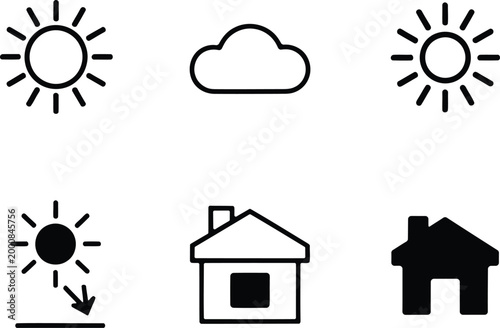 Simple black and white weather and house icons set on a white background