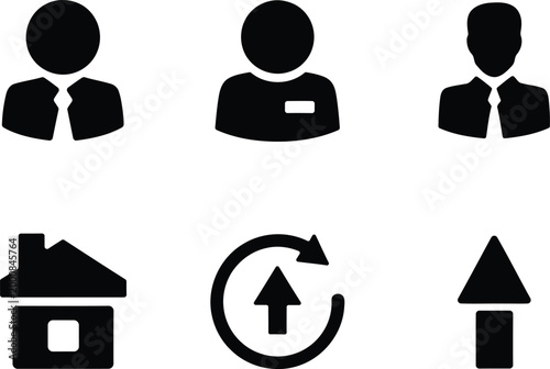 Black glyph icons set people house recycle and arrow minimalist vector illustration
