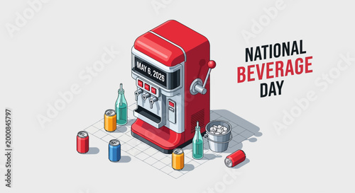 Retro soda fountain machine surrounded by beverage cans and bottles for National Beverage Day, isometric flat design illustration